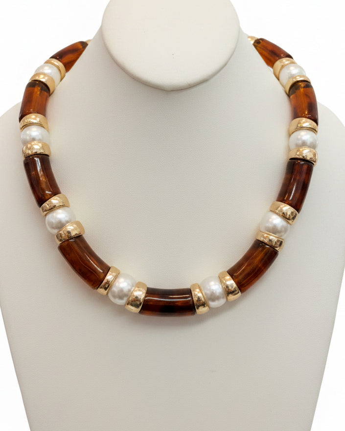 Vintage Tortoiseshell Amber Tube & Pearl Station Collar Necklace