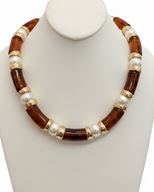 Vintage Tortoiseshell Amber Tube & Pearl Station Collar Necklace
