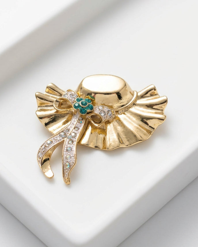 Vintage Sun Hat Ribbon & Crystal Brooch