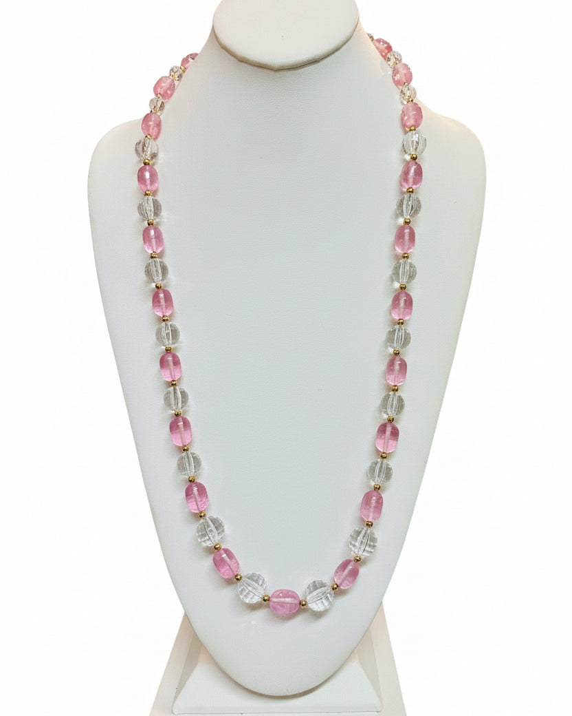 Vintage Petal Pink & Clear Fluted Crystal Strand Necklace