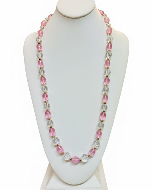 Vintage Petal Pink & Clear Fluted Crystal Strand Necklace