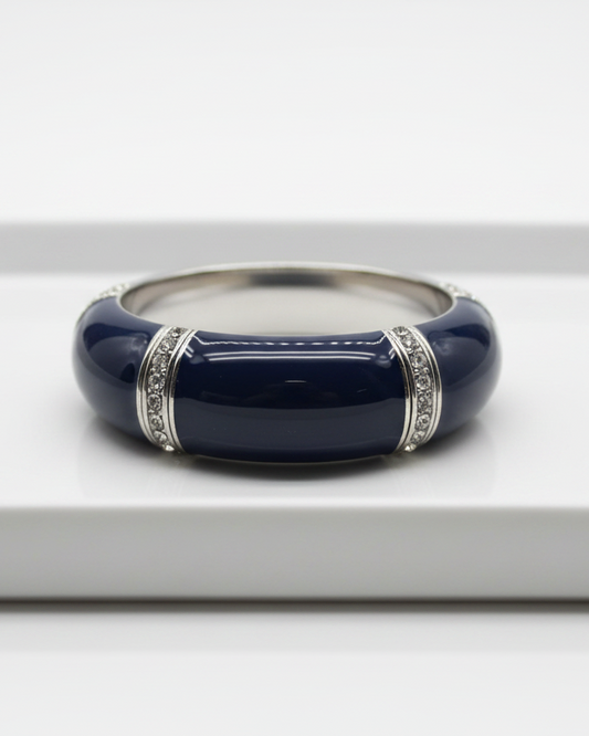 Vintage Navy Blue Enamel & Rhinestone Domed Clamper Bangle