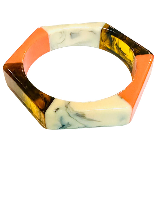 Retro Geometric Color-Blocked Hexagonal Resin Bangle