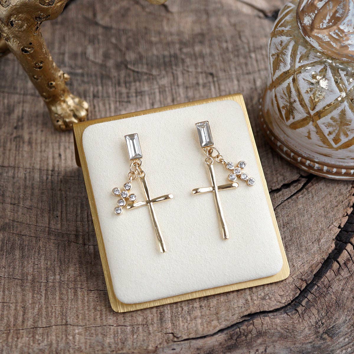 Sacred Spark Golden Cross Cluster Statement Earrings
