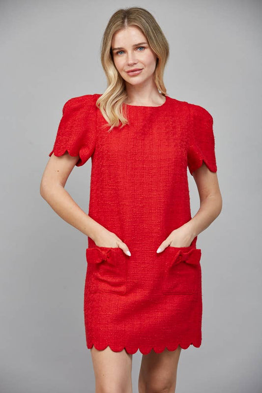 Scallop Red Bow Tweed Dress