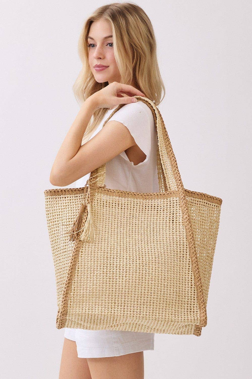 Two Tone Woven Straw Beach Tote Bag