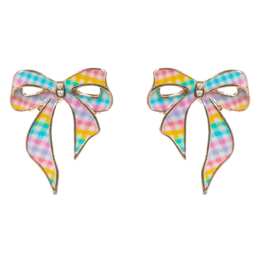 Gingham Pattern Bow Stud Earrings