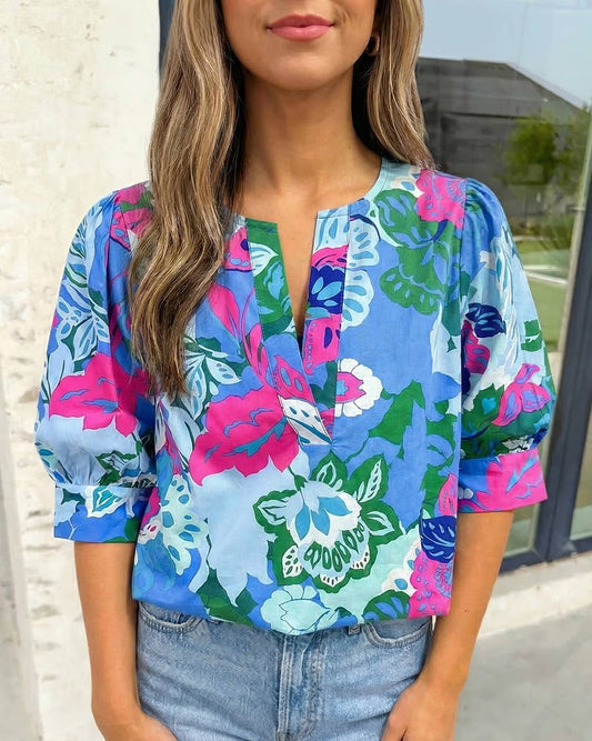 Floral Print V Neck Half Sleeve Blouse