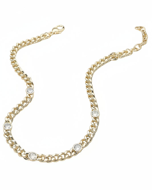 Gold CZ Bezel Station Chunky Chain Necklace