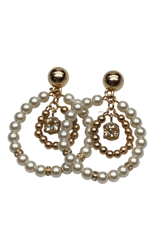 Vintage Tiered Pearl & Gold Bead Hoop Earrings