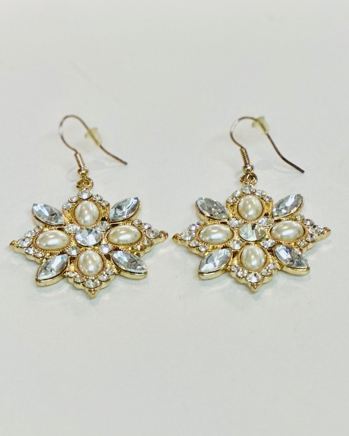 Vintage Starburst Filigree Drop Earrings with Faux Pearl & Marquise Crystal