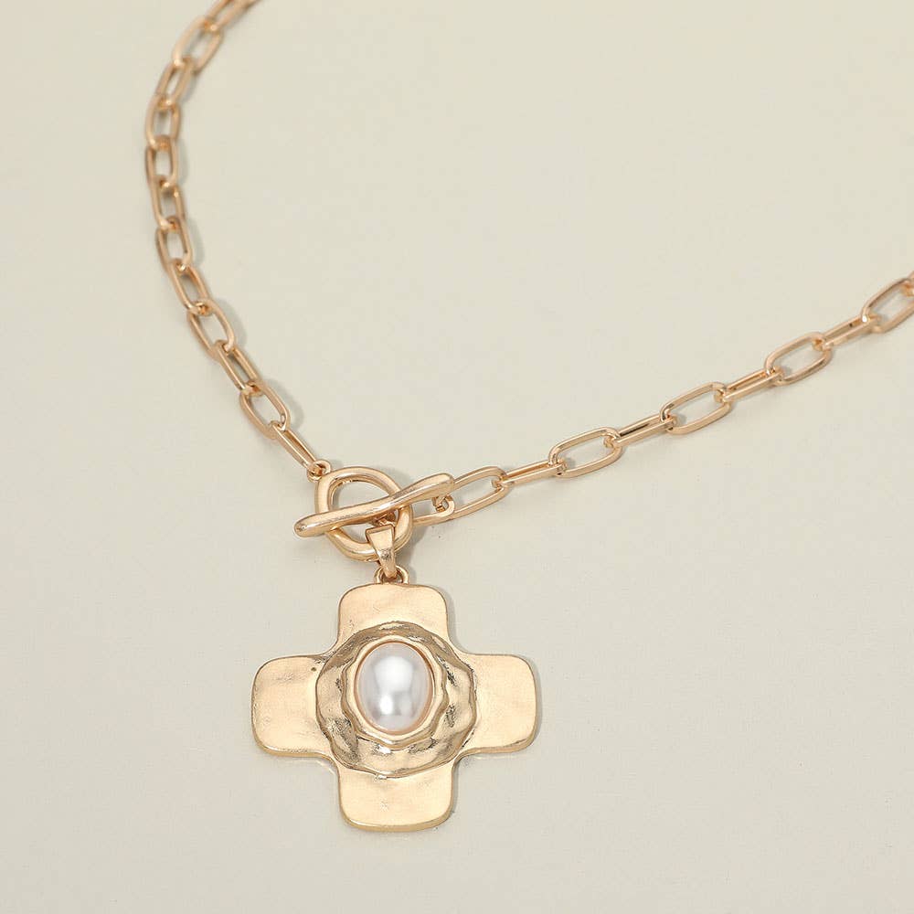 Oval Pearl Toggle Cross Pendant Necklace