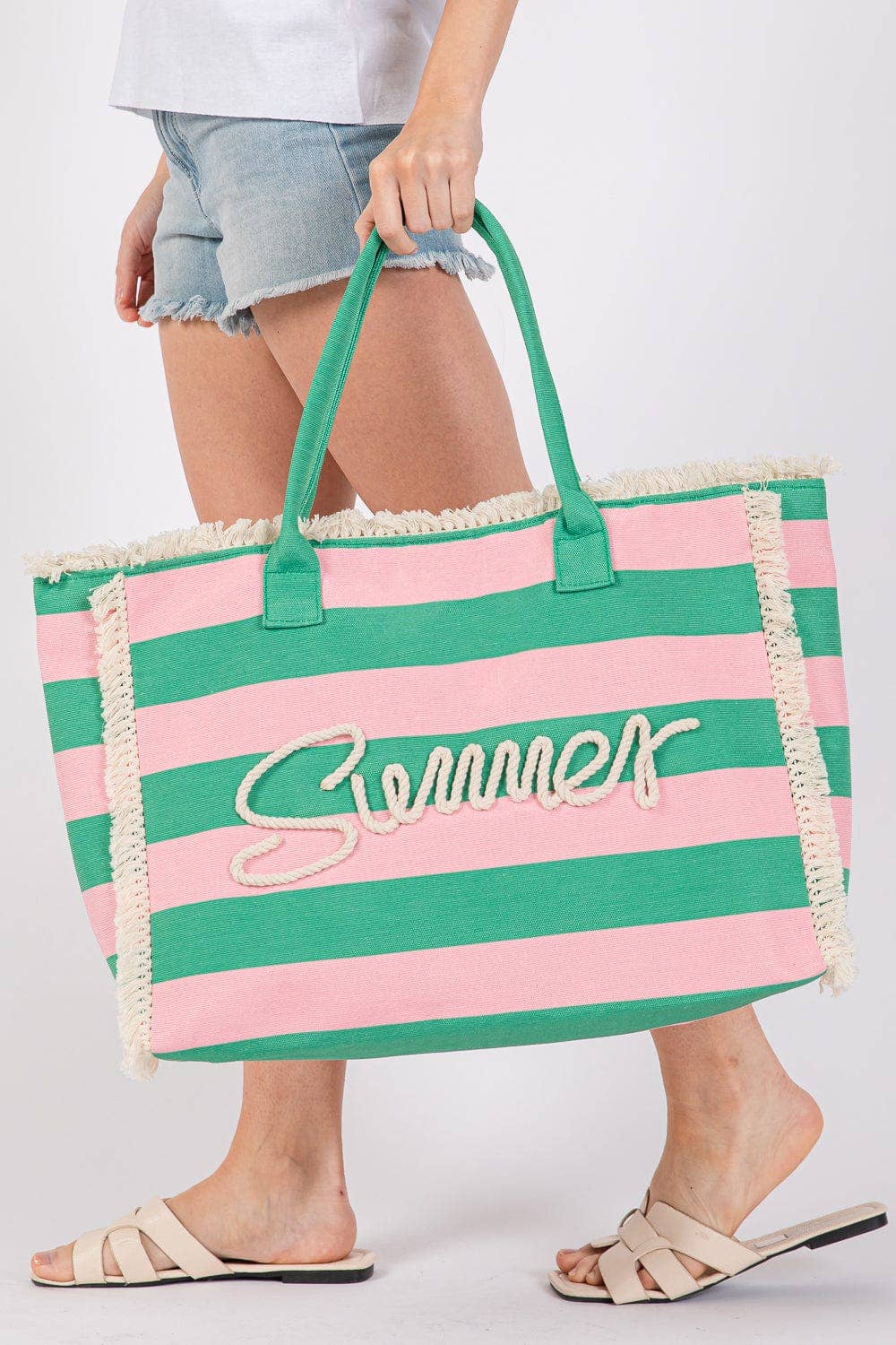 Summer Letter Fringe Striped Tote Bag