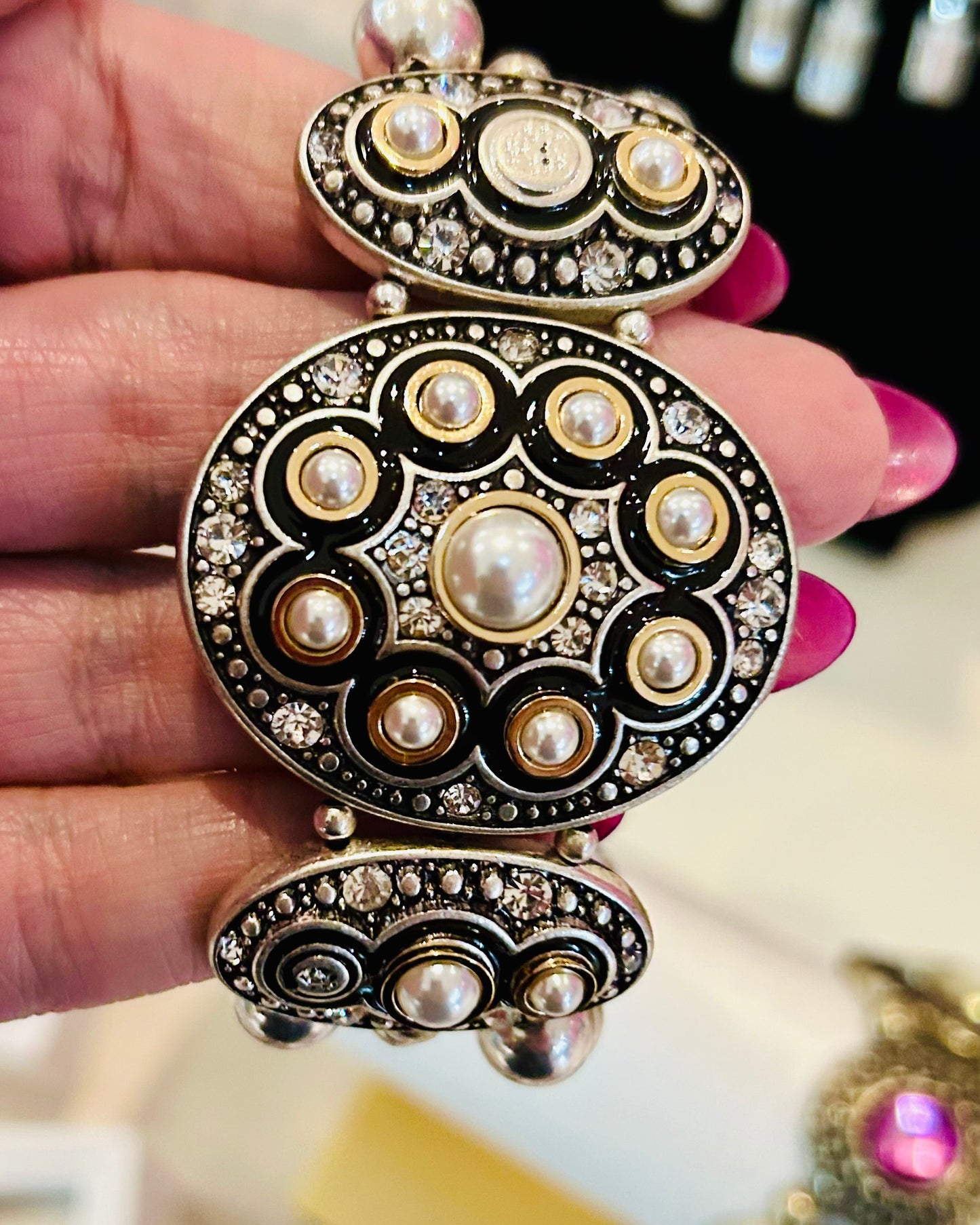Vintage Mixed Metal Faux Pearl Stretch Panel Bracelet