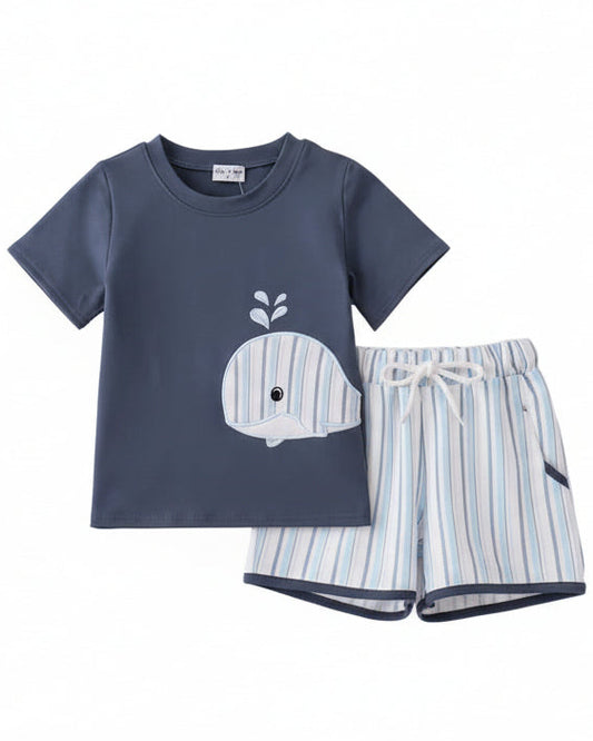 Blue Whale Appliqué Shorts Set