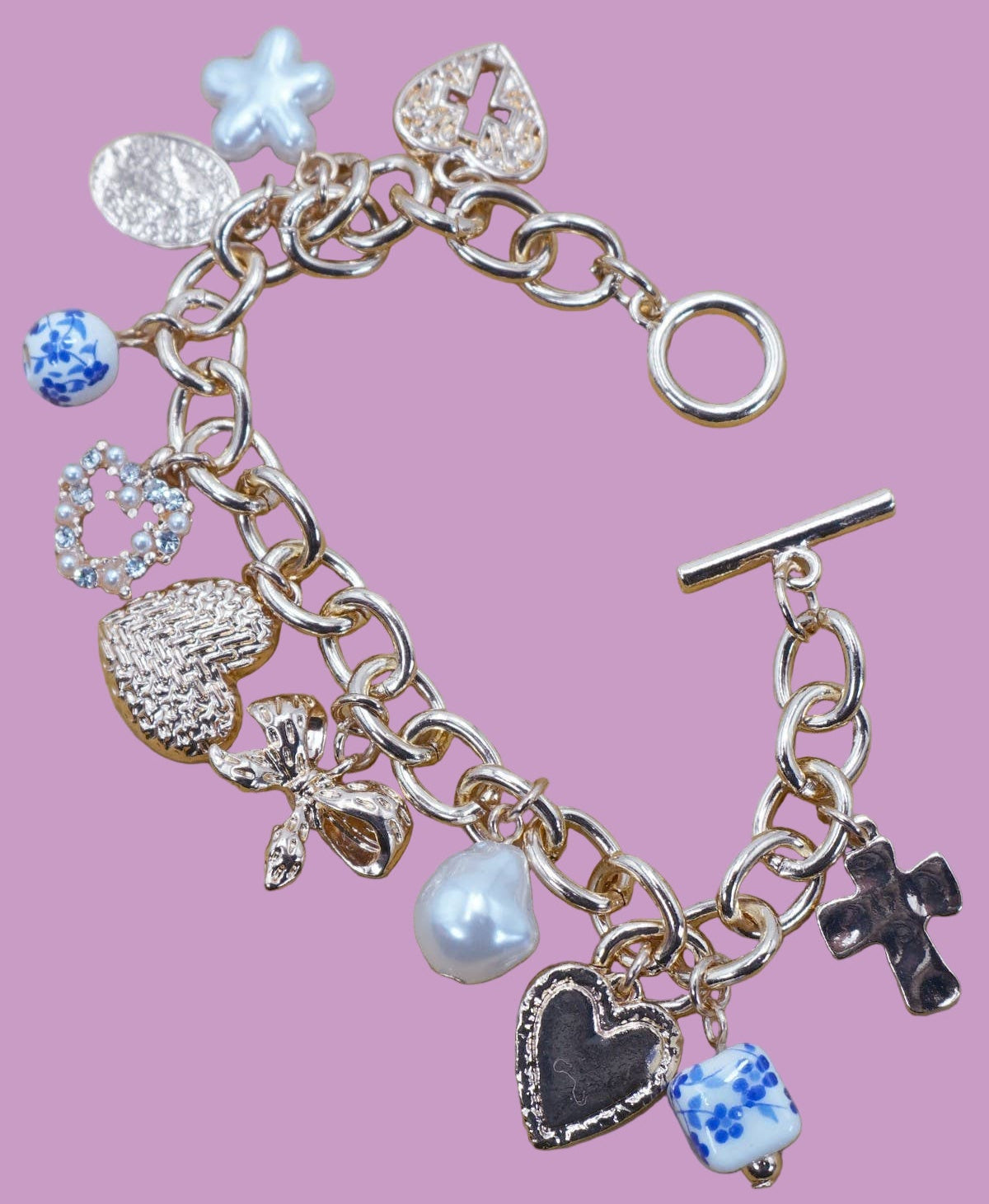 Gold & Ceramic Pearl Charm Bracelet