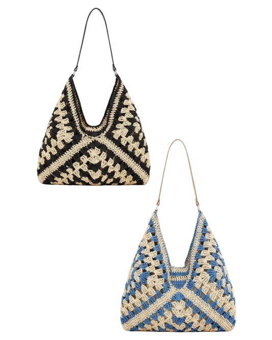 Vintage Woven Straw Crochet Bucket Shoulder Bag