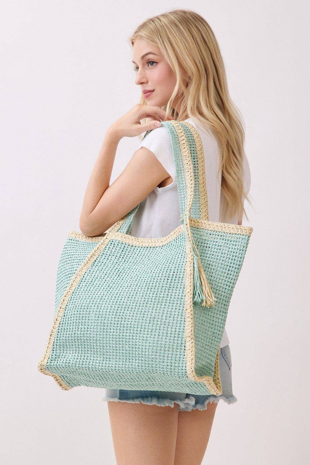 Two Tone Woven Straw Beach Tote Bag
