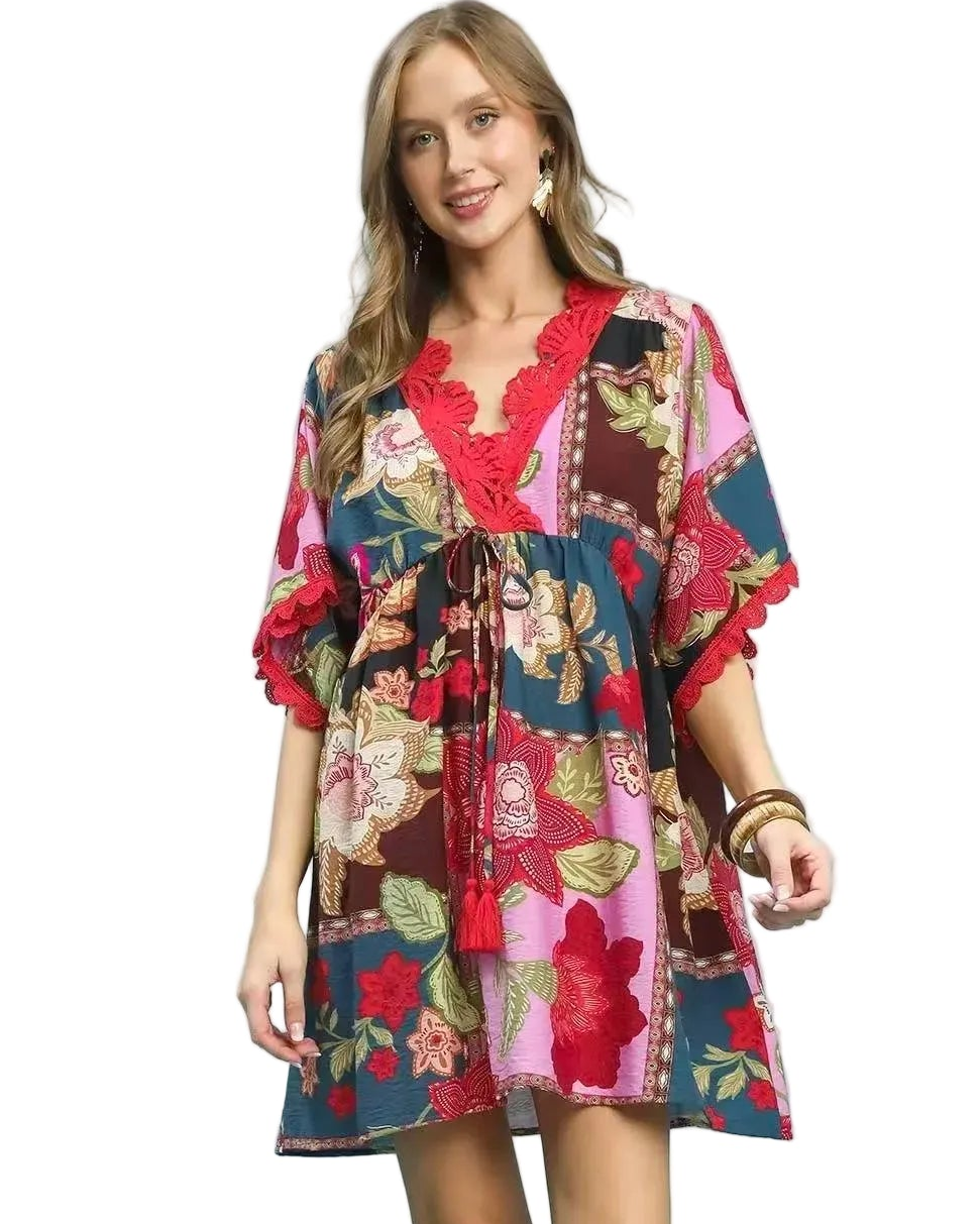 Abstract Print V-Neck Mini Dress