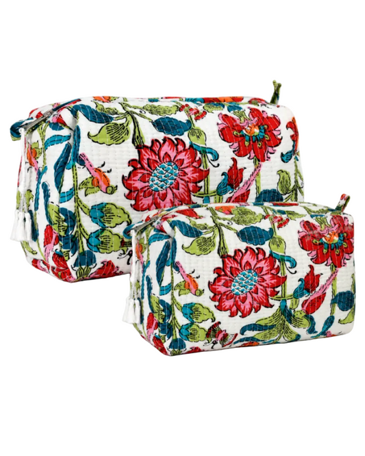 Bold Red Floral Cotton Quilted Cosmetic Set