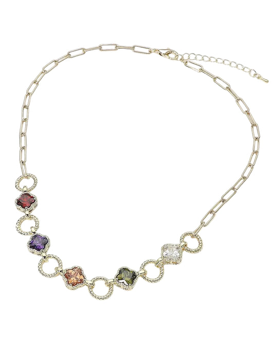 Gold CZ Quatrefoil Charm Link Necklace