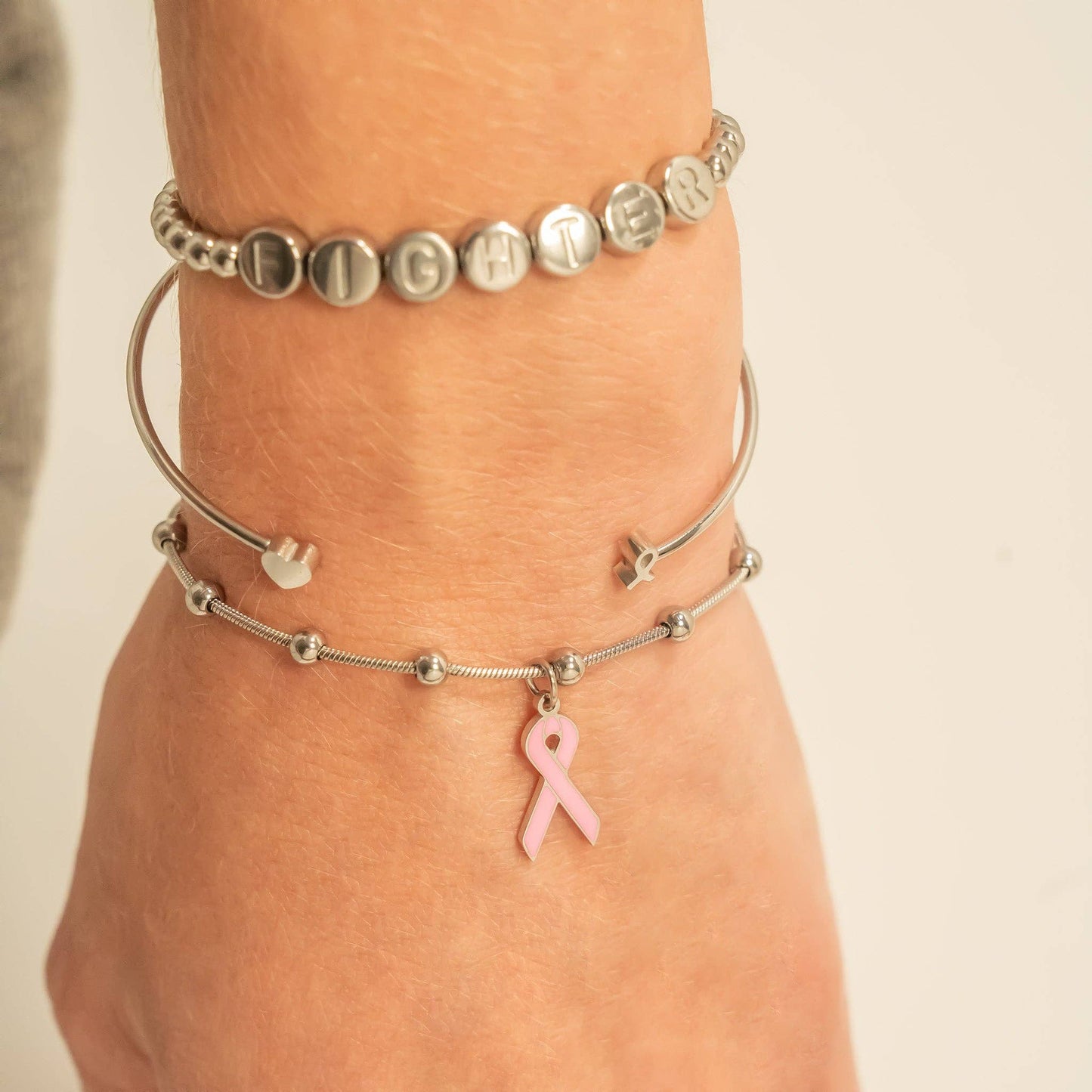 Breast Cancer Awareness Adjustable Ribbon Charm Bracelet