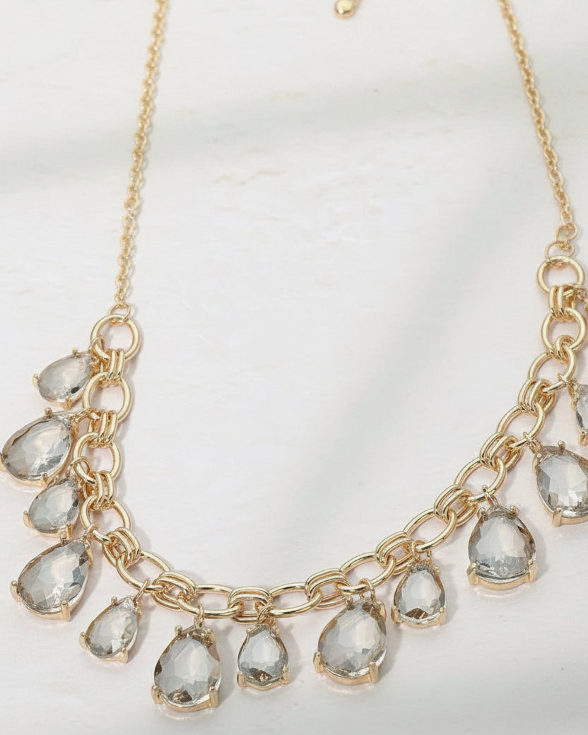 Clear Cushion Teardrop Cluster Drop Necklace