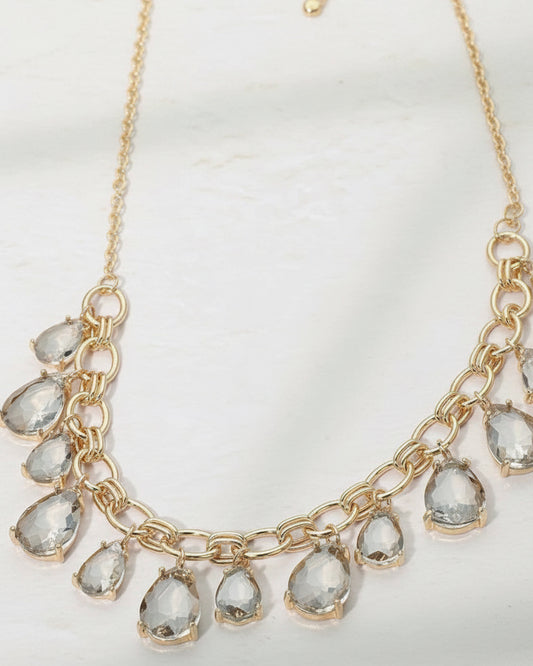 Clear Cushion Teardrop Cluster Drop Necklace