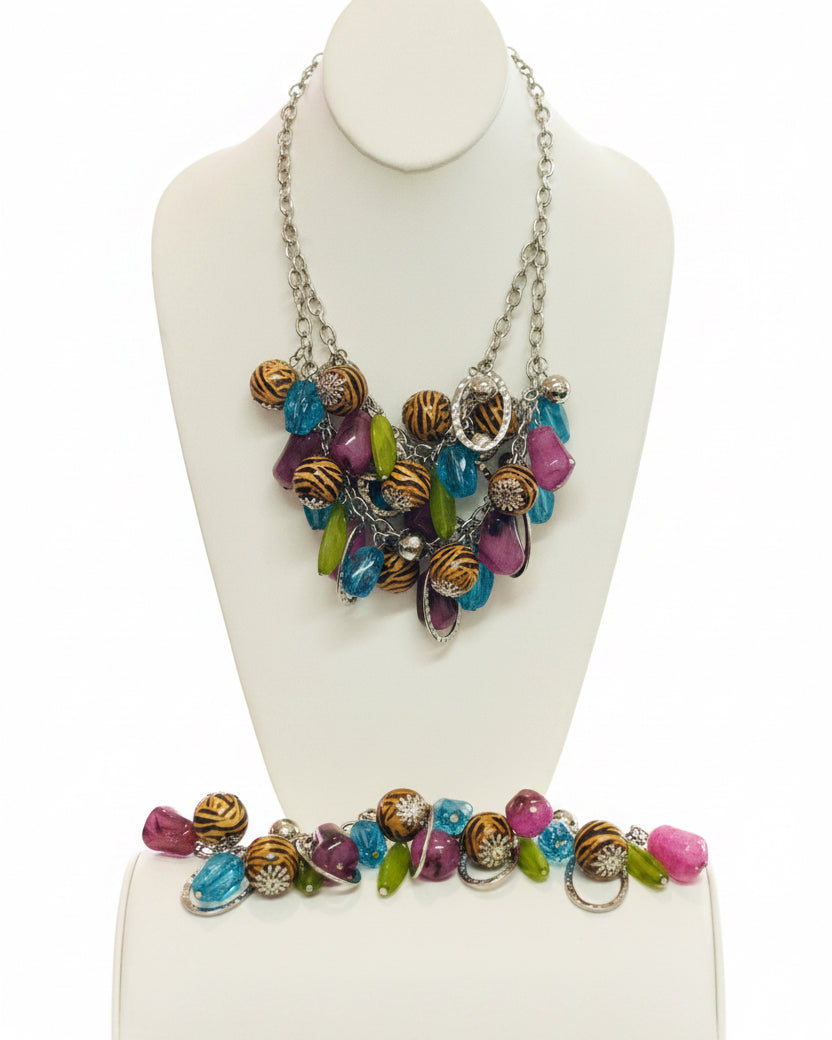 Vintage Safari Cluster Statement Necklace & Bracelet Set
