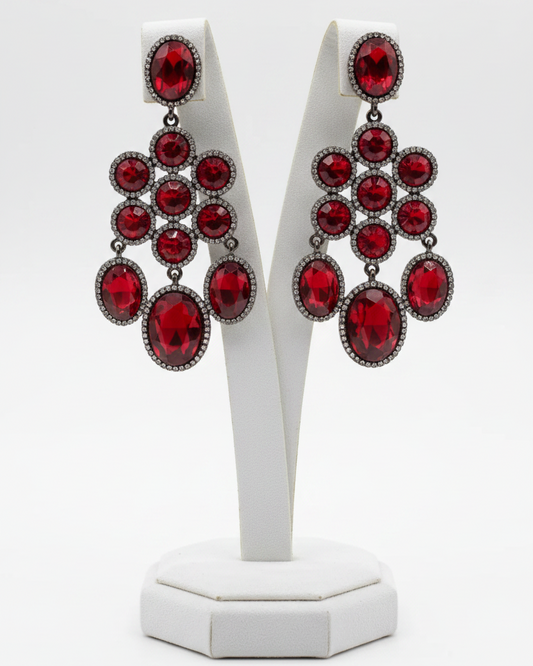 Vintage Ruby Red Rhinestone Statement Chandelier Earrings
