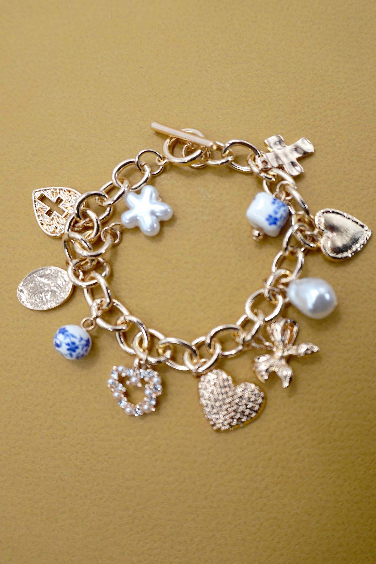 Gold & Ceramic Pearl Charm Bracelet