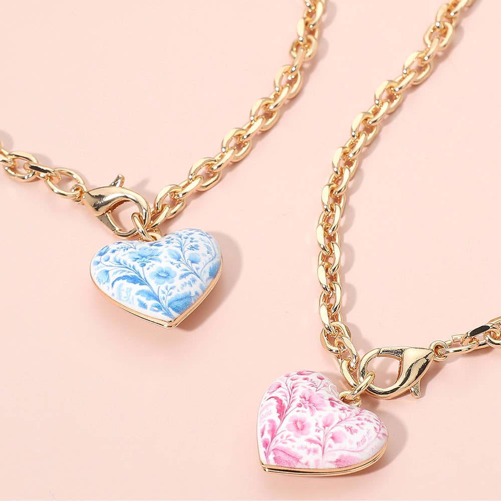 Chunky Floral Heart Charm Pendant Necklace