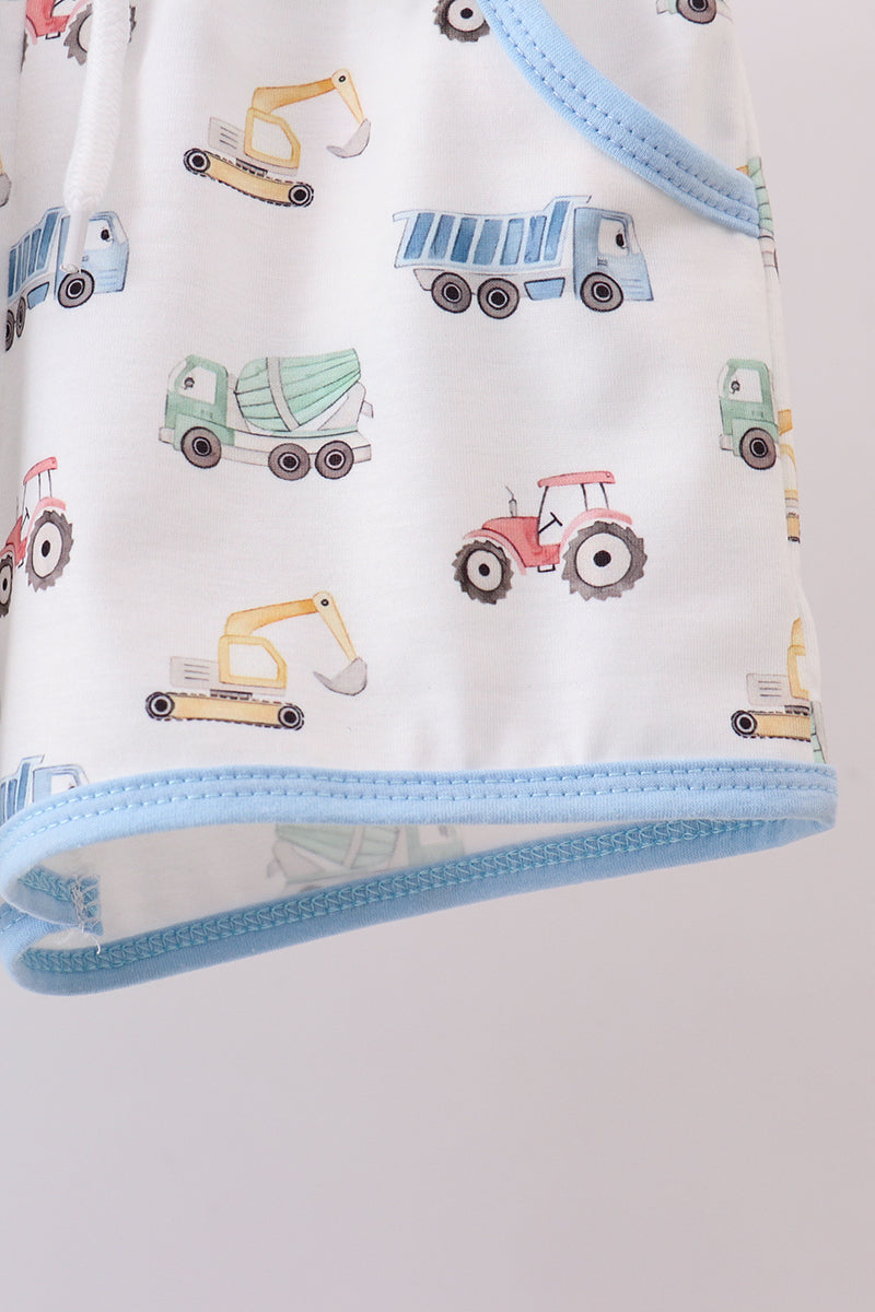 Blue Car Embroidery Shorts Set