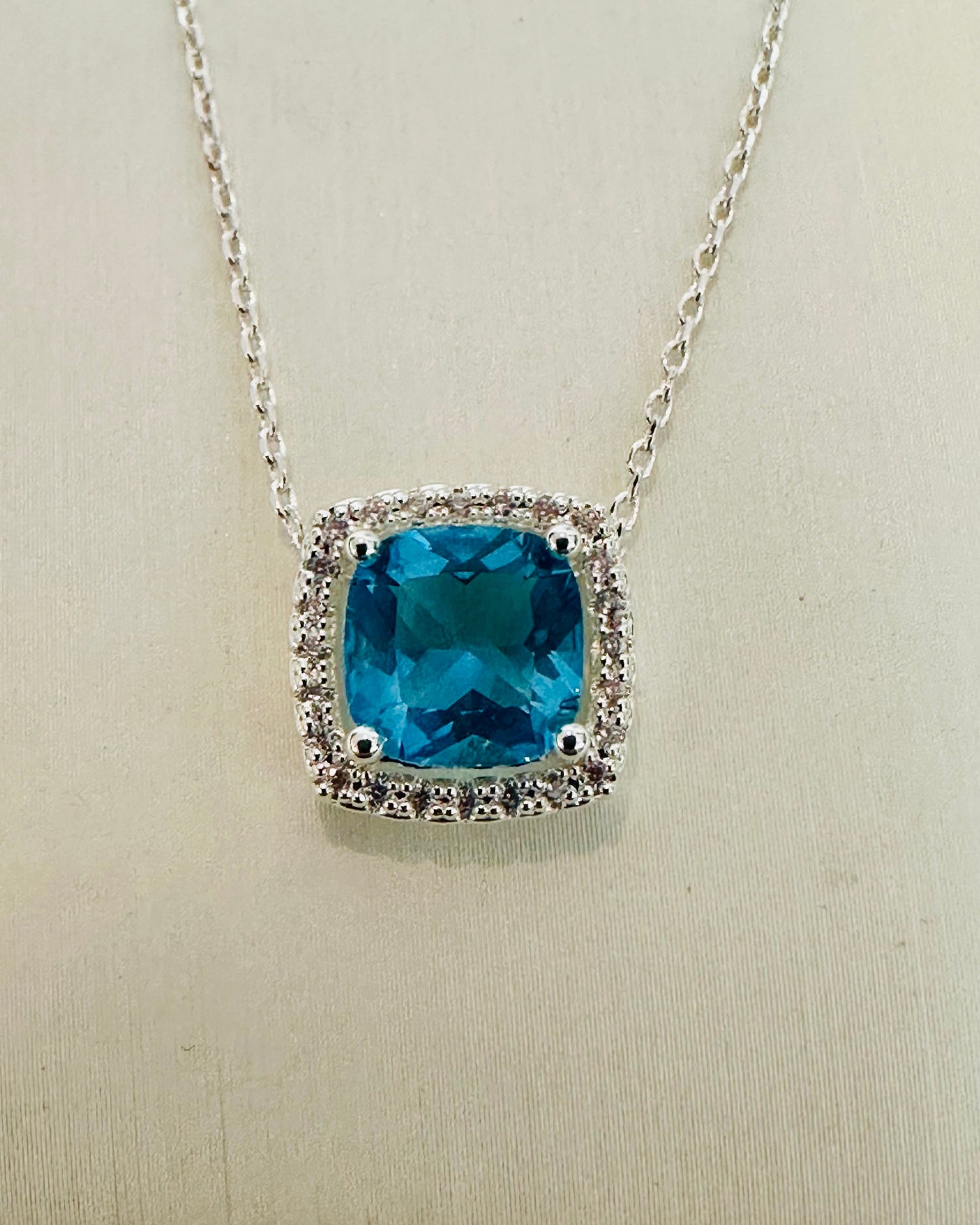 Cushion-Cut Blue Topaz Halo Necklace