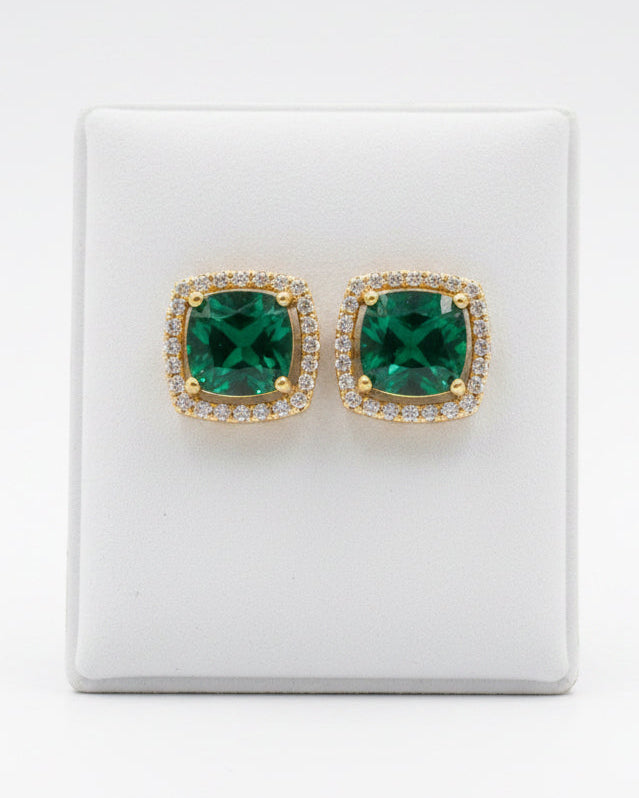 Emerald Ritz Cushion Halo Studs