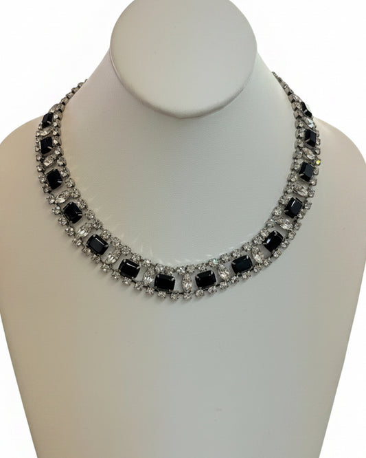 Vintage Jet Black Glass & Ice Crystal Rhinestone Collar Necklace