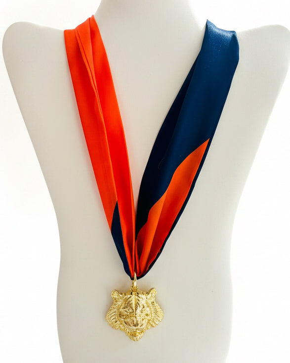Orange & Navy Tiger Head Ribbon Necklace