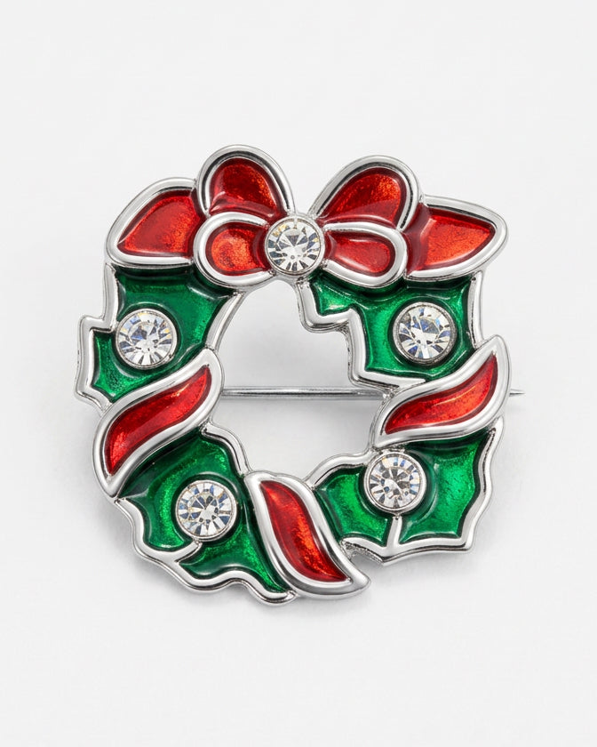 Vintage Enamel Holiday Wreath Brooch