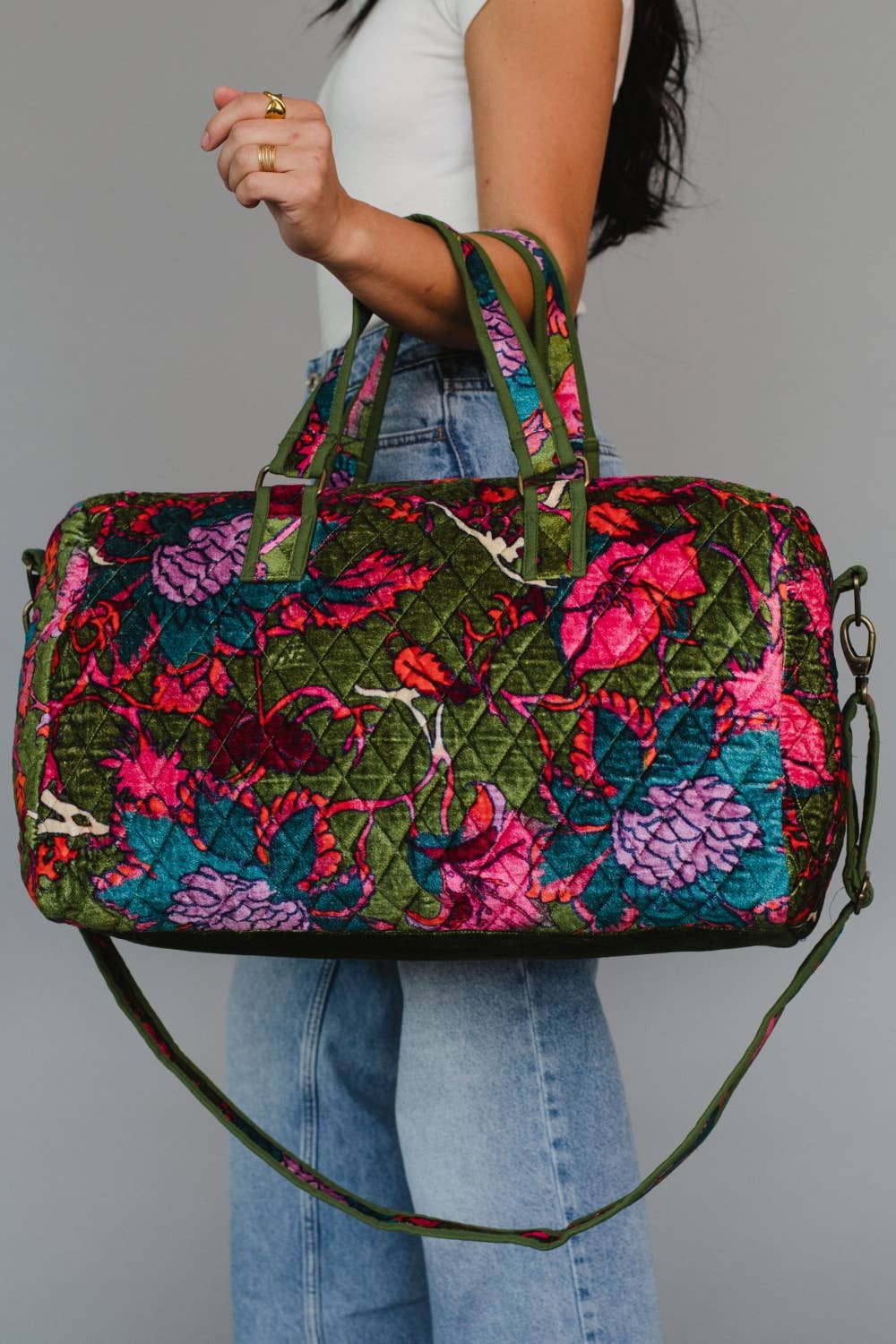 Olive & Multicolored Floral Duffle
