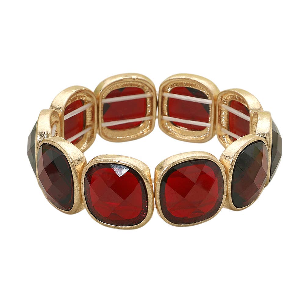 Round Square Glass Stone Frame Beaded Stretch Bracelet