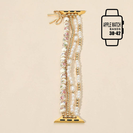 Floral Ceramic Pearl Beaded Multi Layered Apple Watch Band