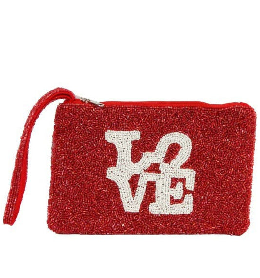 Red Beaded LOVE Wristet Wallet Handbag