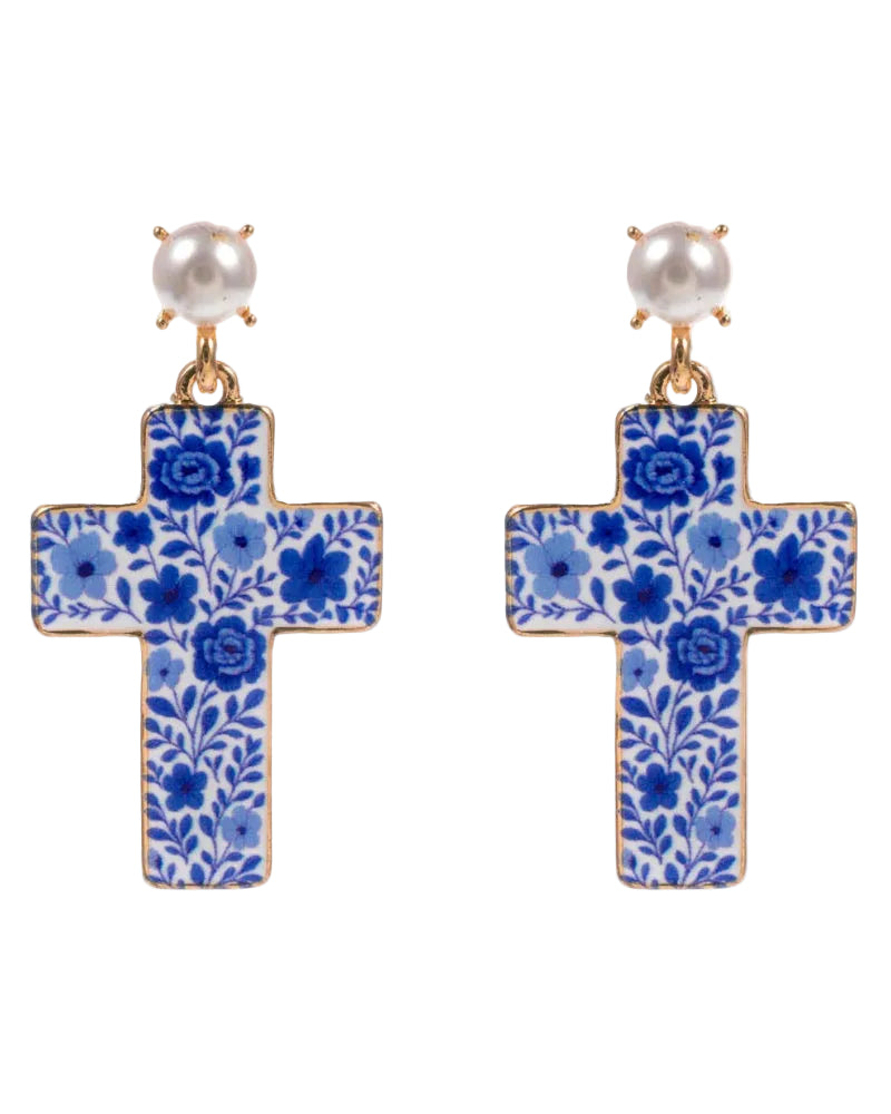 Floral Pattern Cross Drop Dangle Earrings