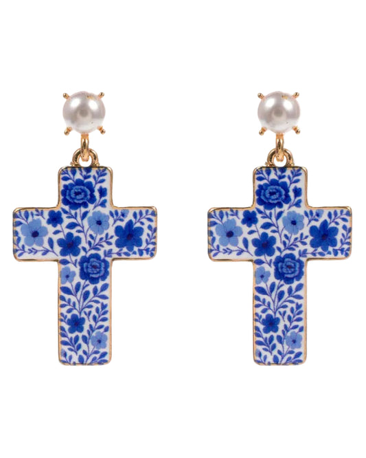 Floral Pattern Cross Drop Dangle Earrings