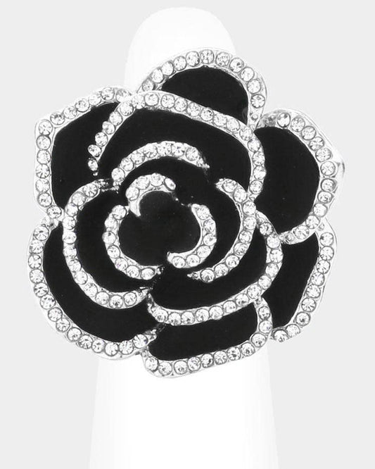 Rhinestone Enamel Rose Flower Stretch Ring