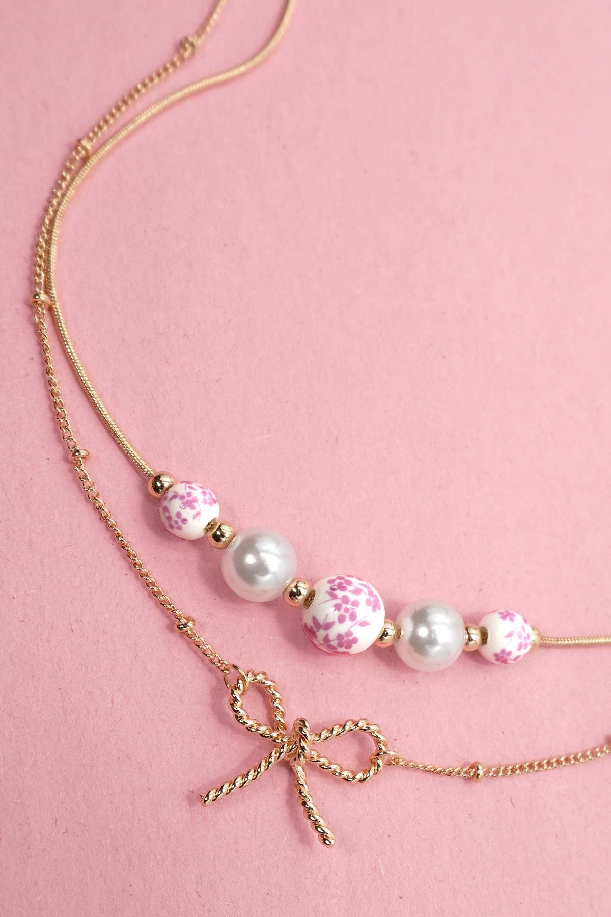 Pink Ceramic Porcelain Bow Layered Necklace