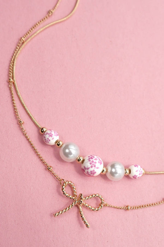 Pink Ceramic Porcelain Bow Layered Necklace