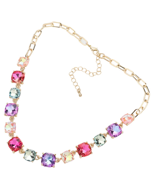 Multi Cushion Square Stone Link Evening Necklace