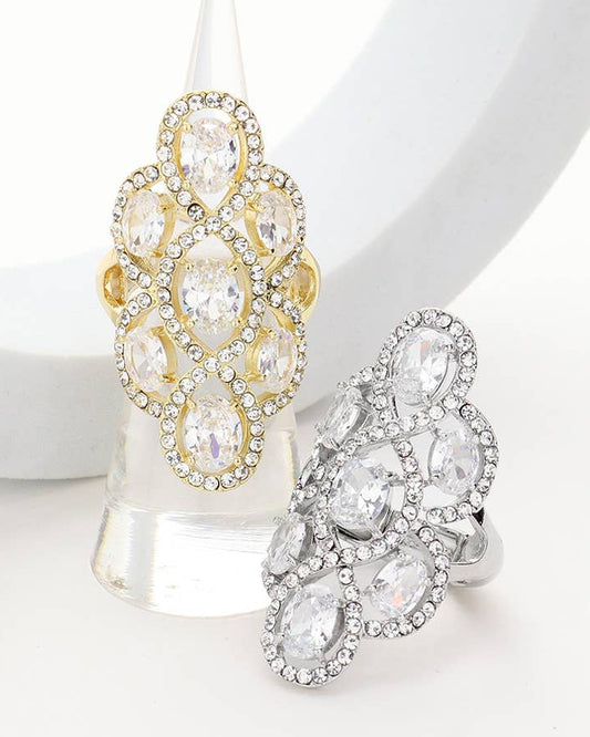 Embellished Oval CZ Stone Flower Stretch Ring