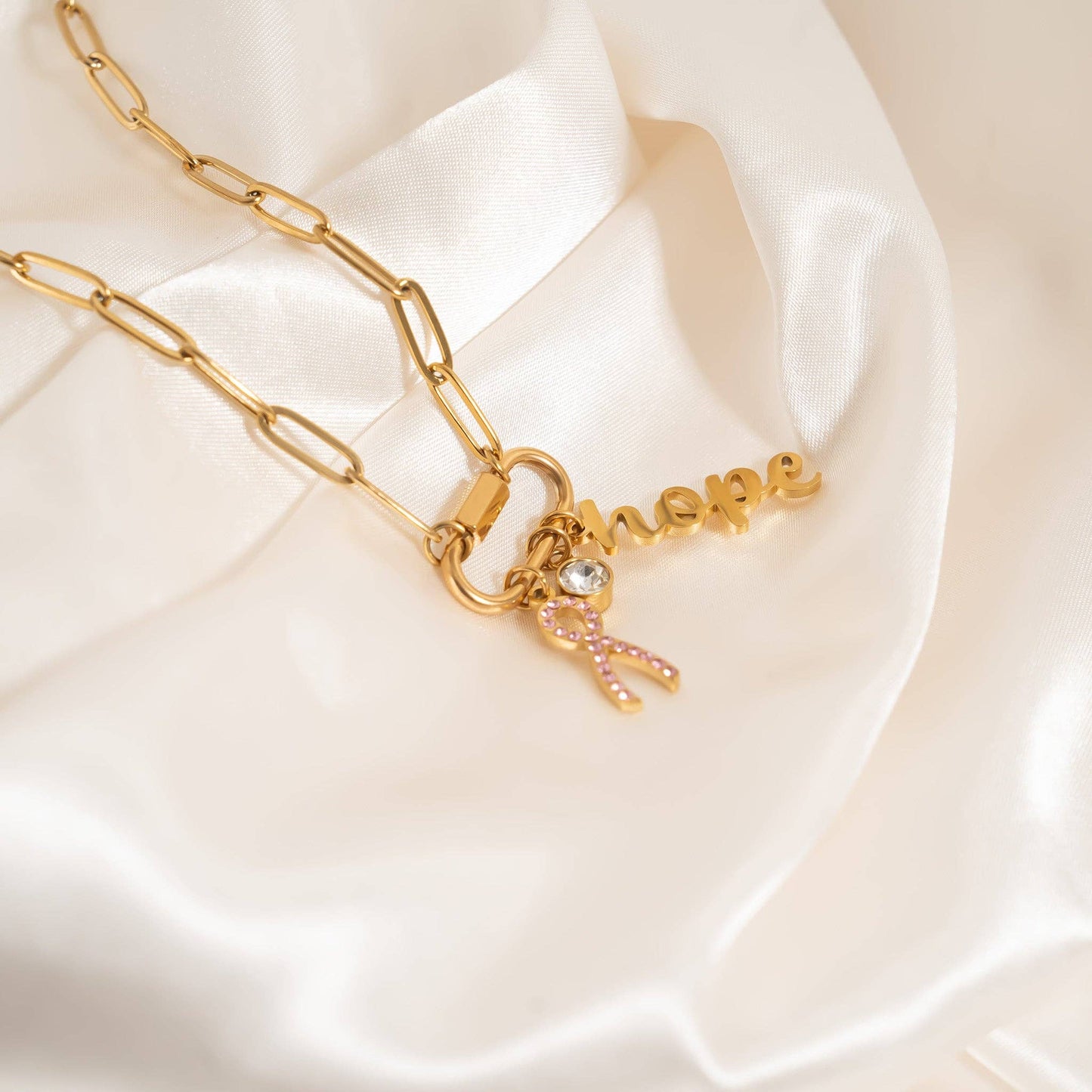 Breast Cancer Awareness Carabiner Hope Charm Necklace